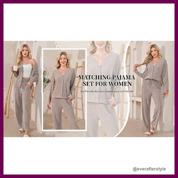 Button Down Lounge Set Long Sleeve Pajamas with Pocket Chic Minimal Comfort - Picture 8 of 8